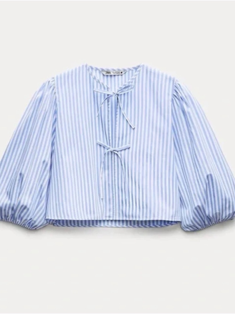 ZARA Blue and White Striped Tie-Front Puff Sleeve Blouse
